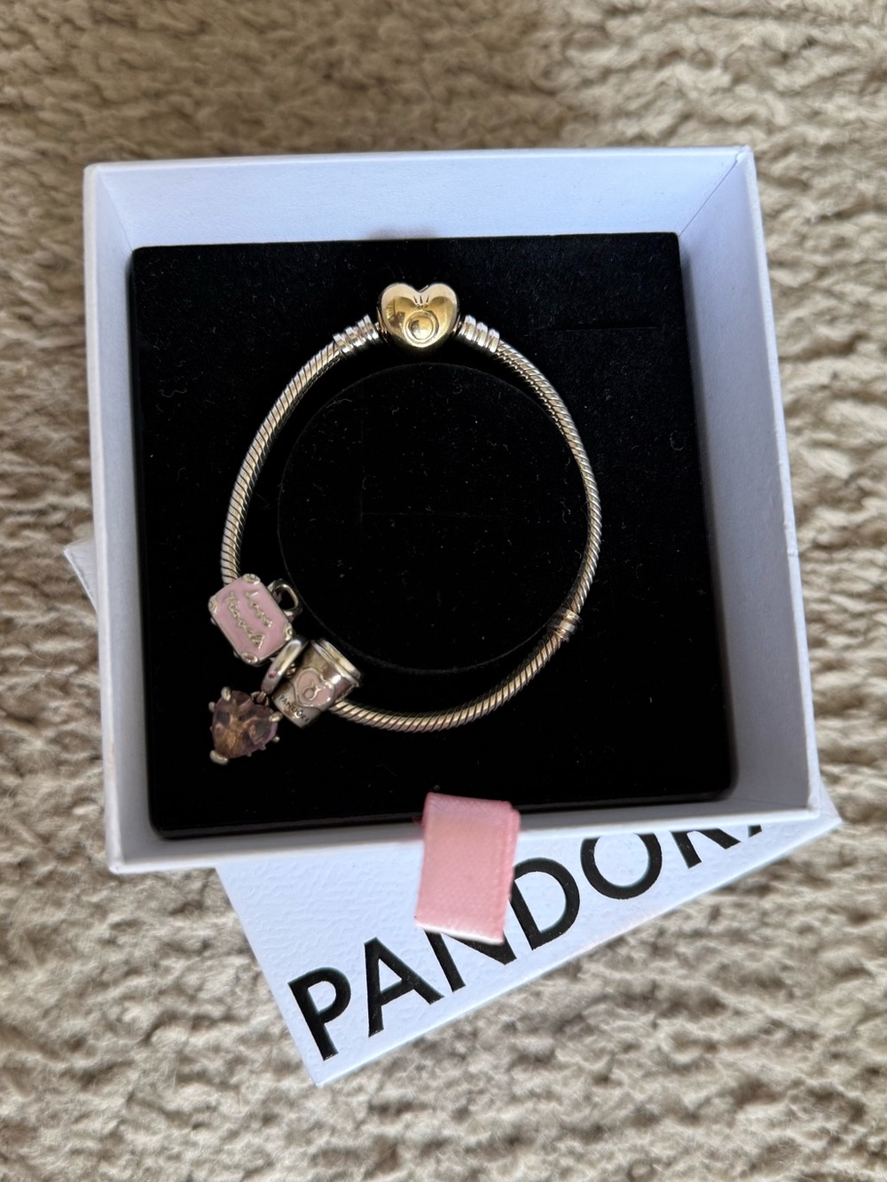 PANDORA Two Toned Charm Bracelet with Pink Charms
